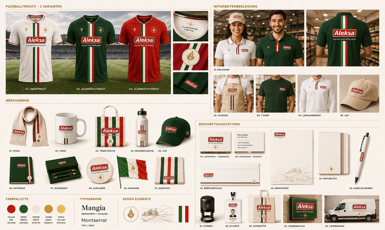 Aleksa merchandise, uniforms and stationery system featuring Italian stripes, brand logo and premium retail items.