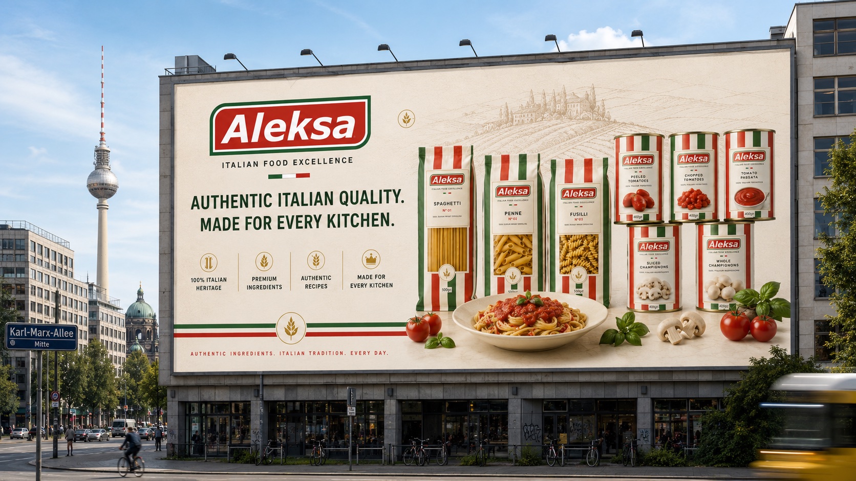 Aleksa out-of-home billboard advertisement featuring the brand's Italian food product lineup.