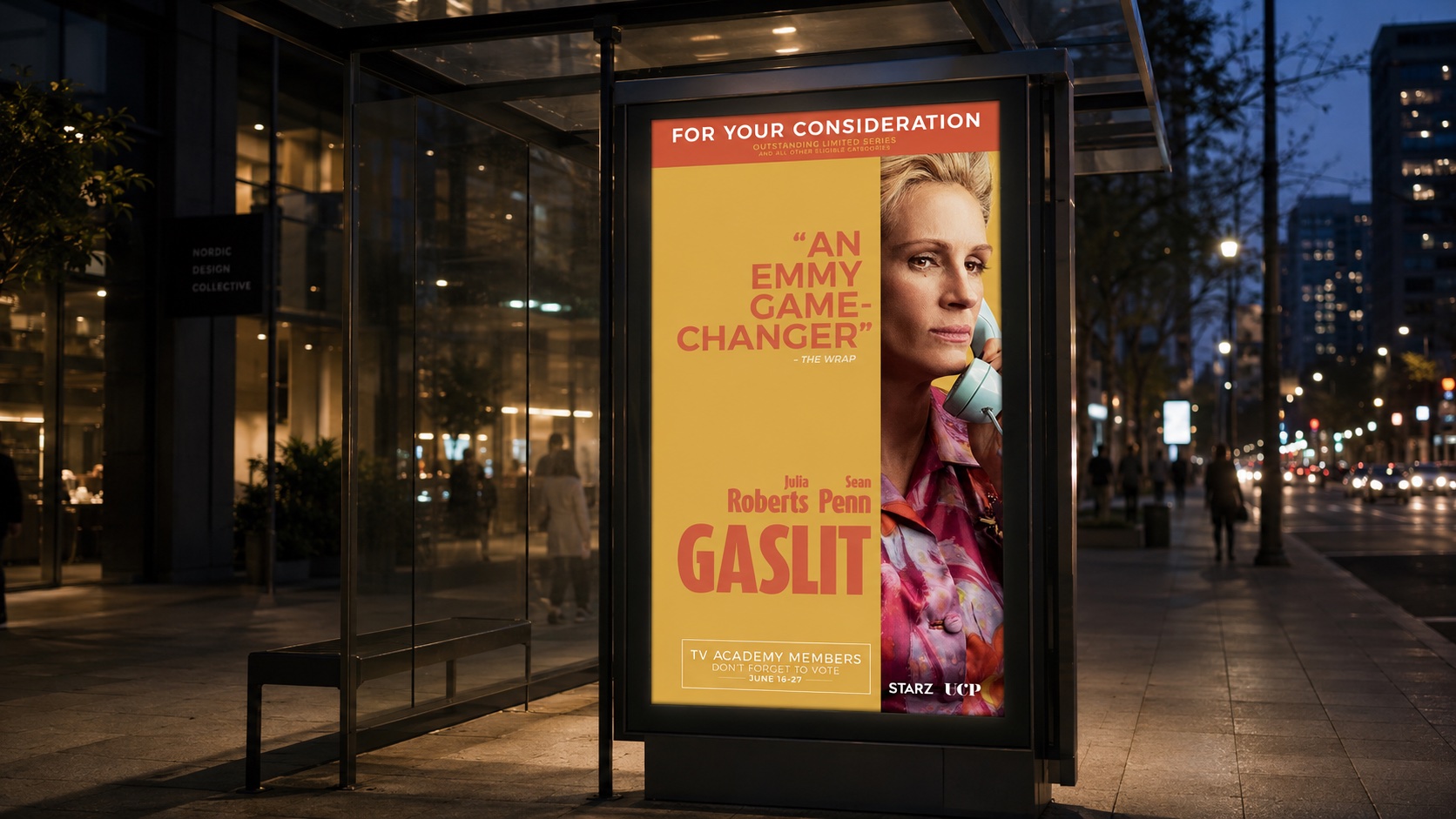 Gaslit For Your Consideration bus shelter ad lit up at night