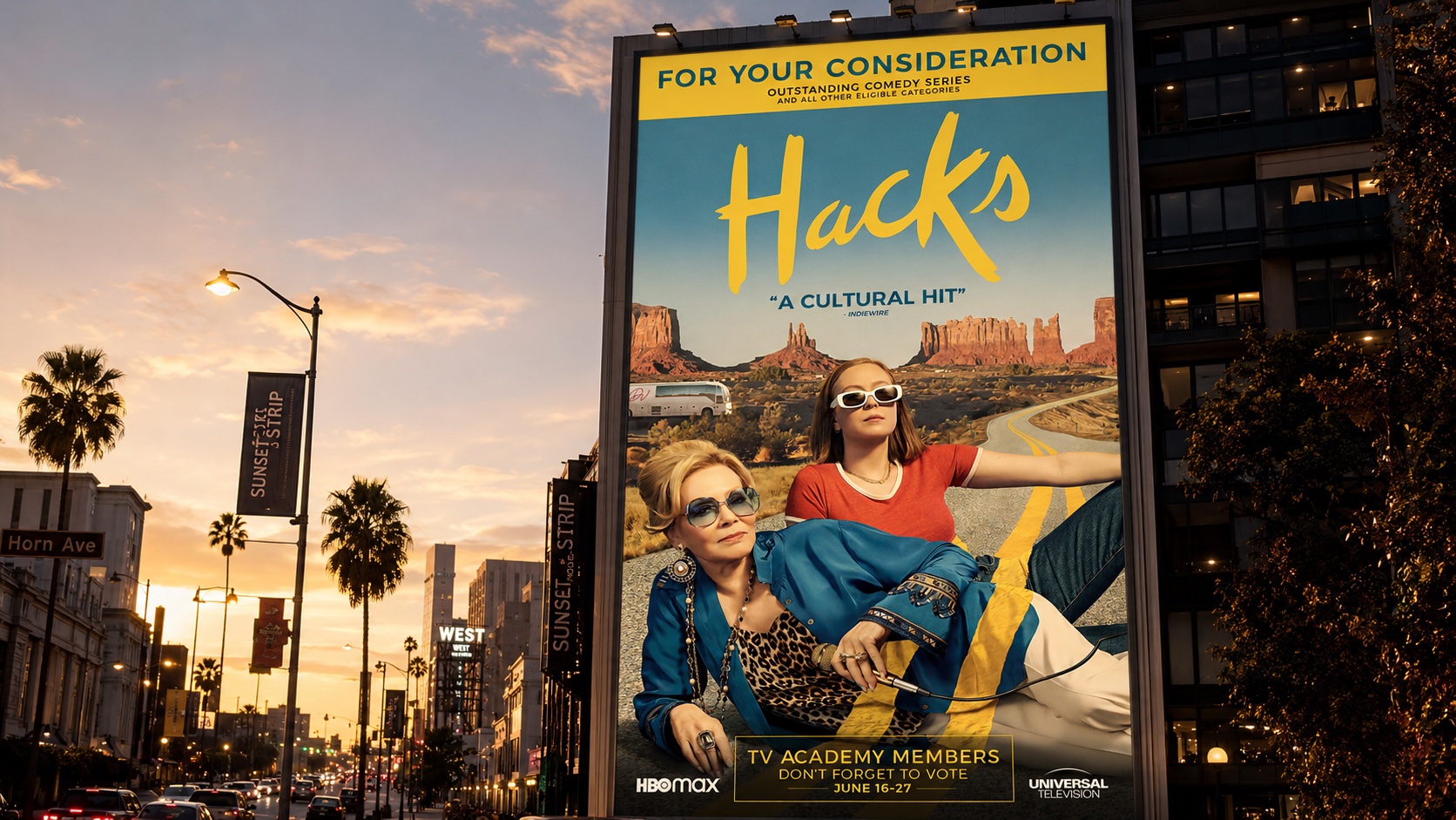 Hacks For Your Consideration billboard on the Sunset Strip at dusk