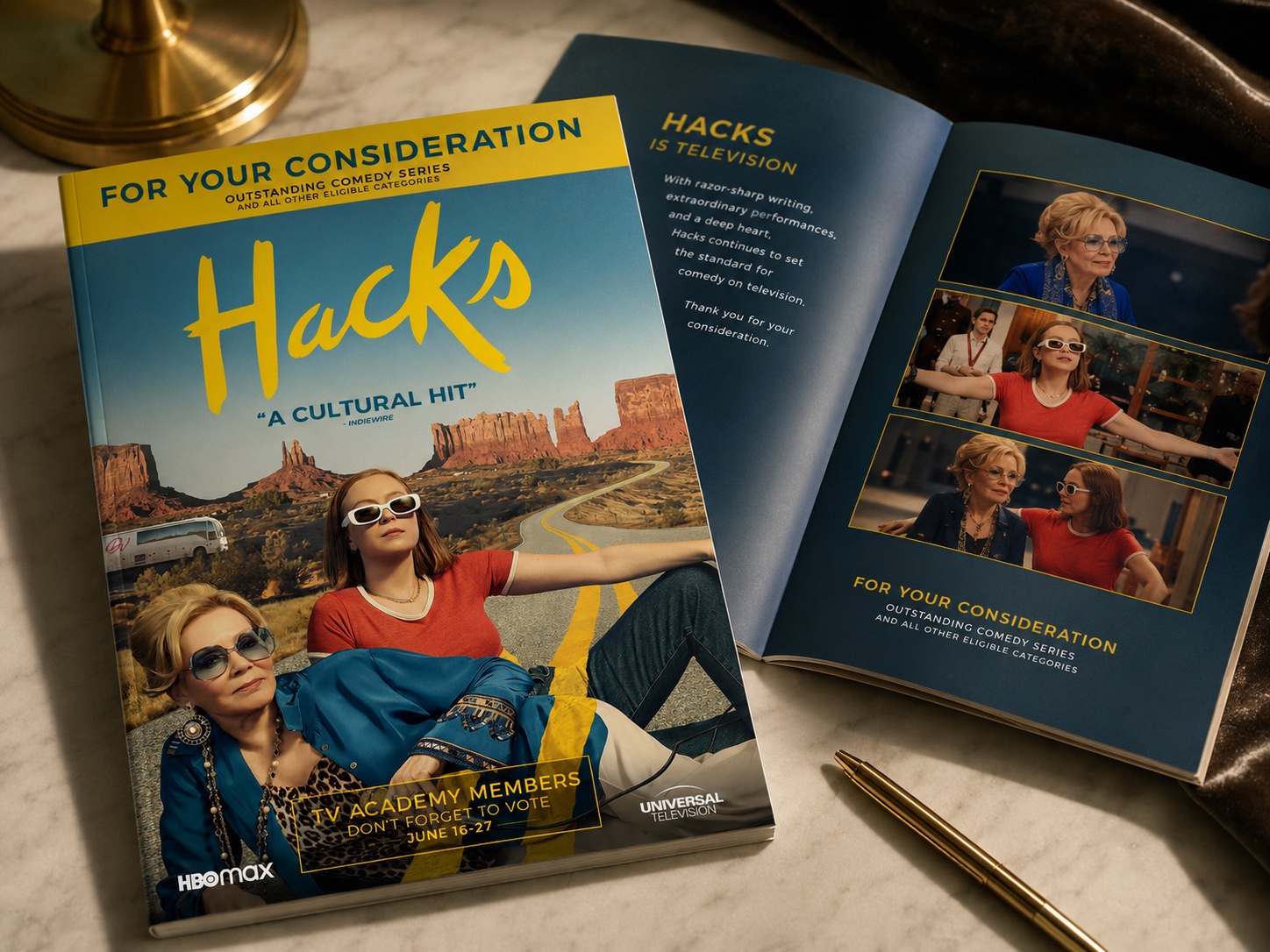 Hacks For Your Consideration booklet cover featuring the cast on a desert highway, open beside an interior spread with show stills