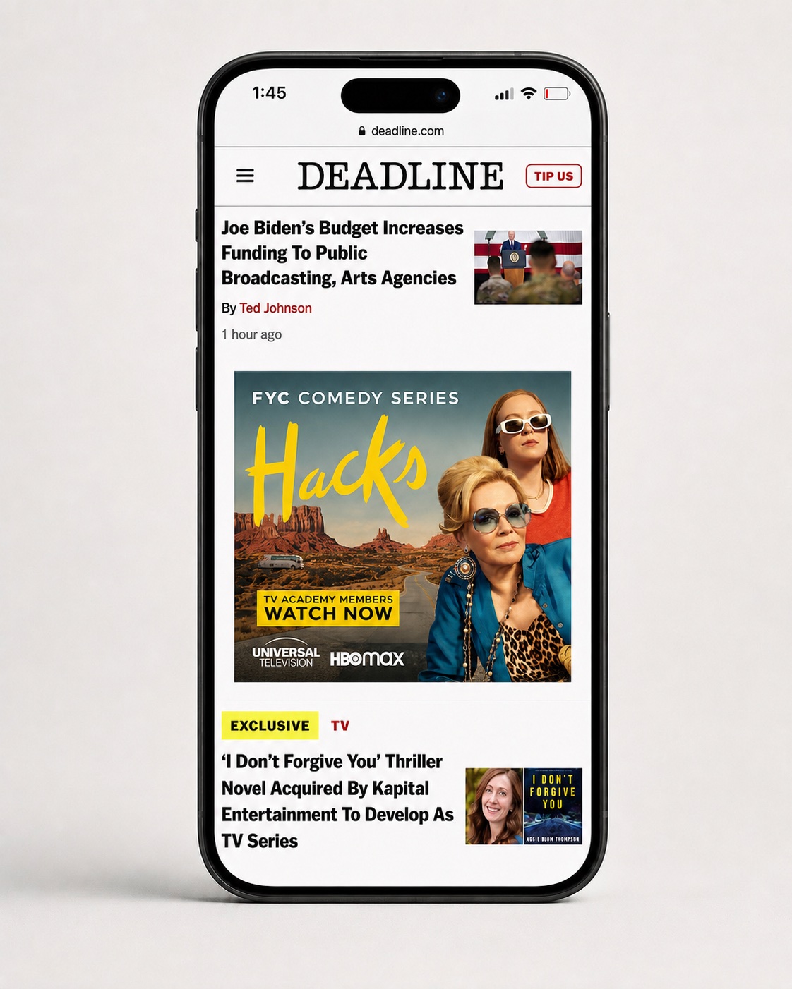Hacks For Your Consideration mobile banner ad on Deadline.com