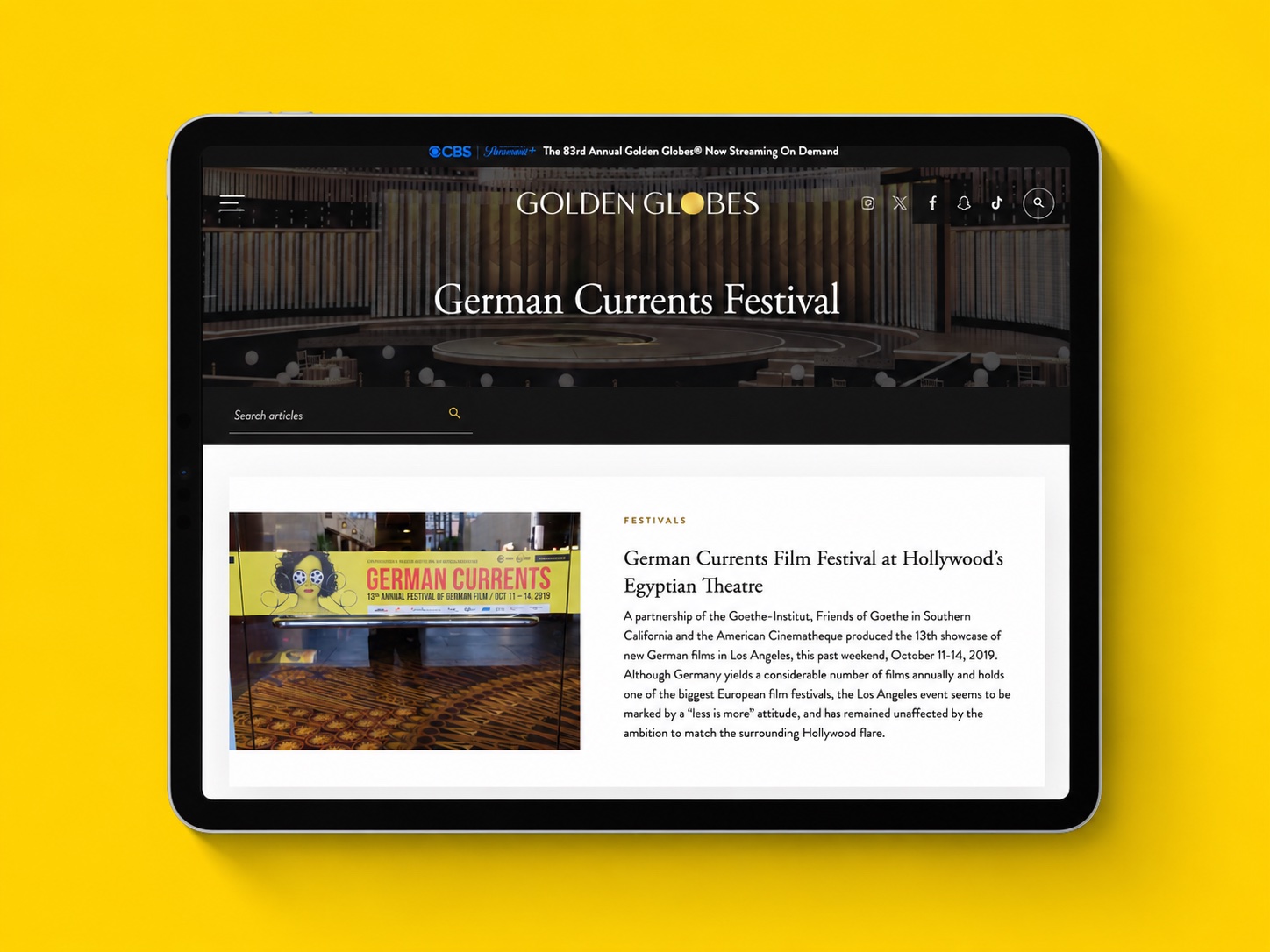 German Currents press coverage shown on a tablet screen