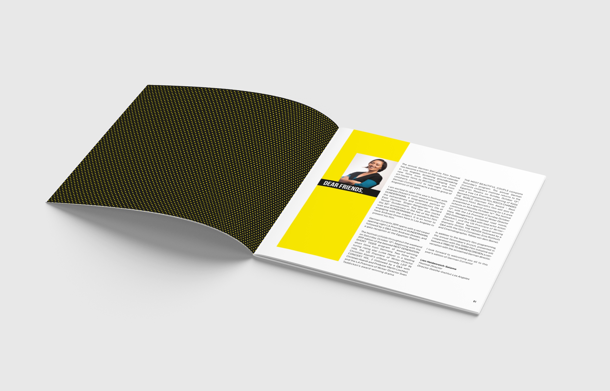 German Currents program booklet spread showing the bilingual layout system
