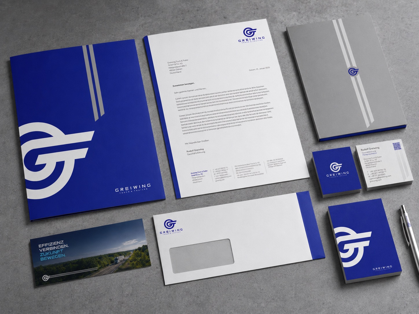 Greiwing branded stationery set including folder, letterhead, envelope and business cards