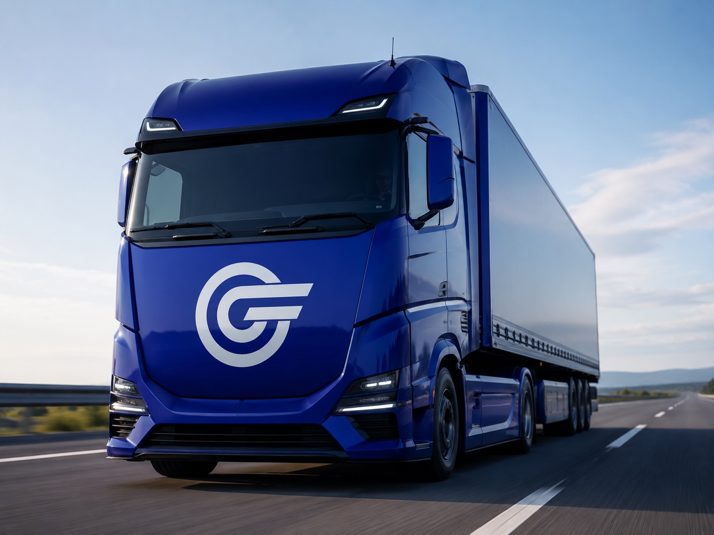 Greiwing branded truck livery, front three-quarter view