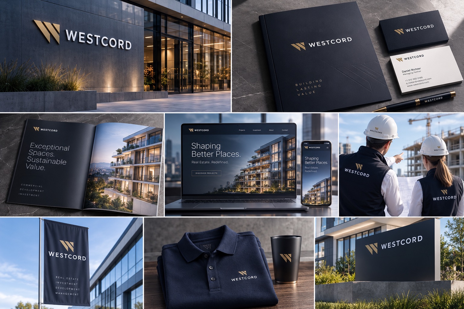 Westcord brand identity moodboard collage showing signage, stationery, brochures, website mockups and workwear applications.