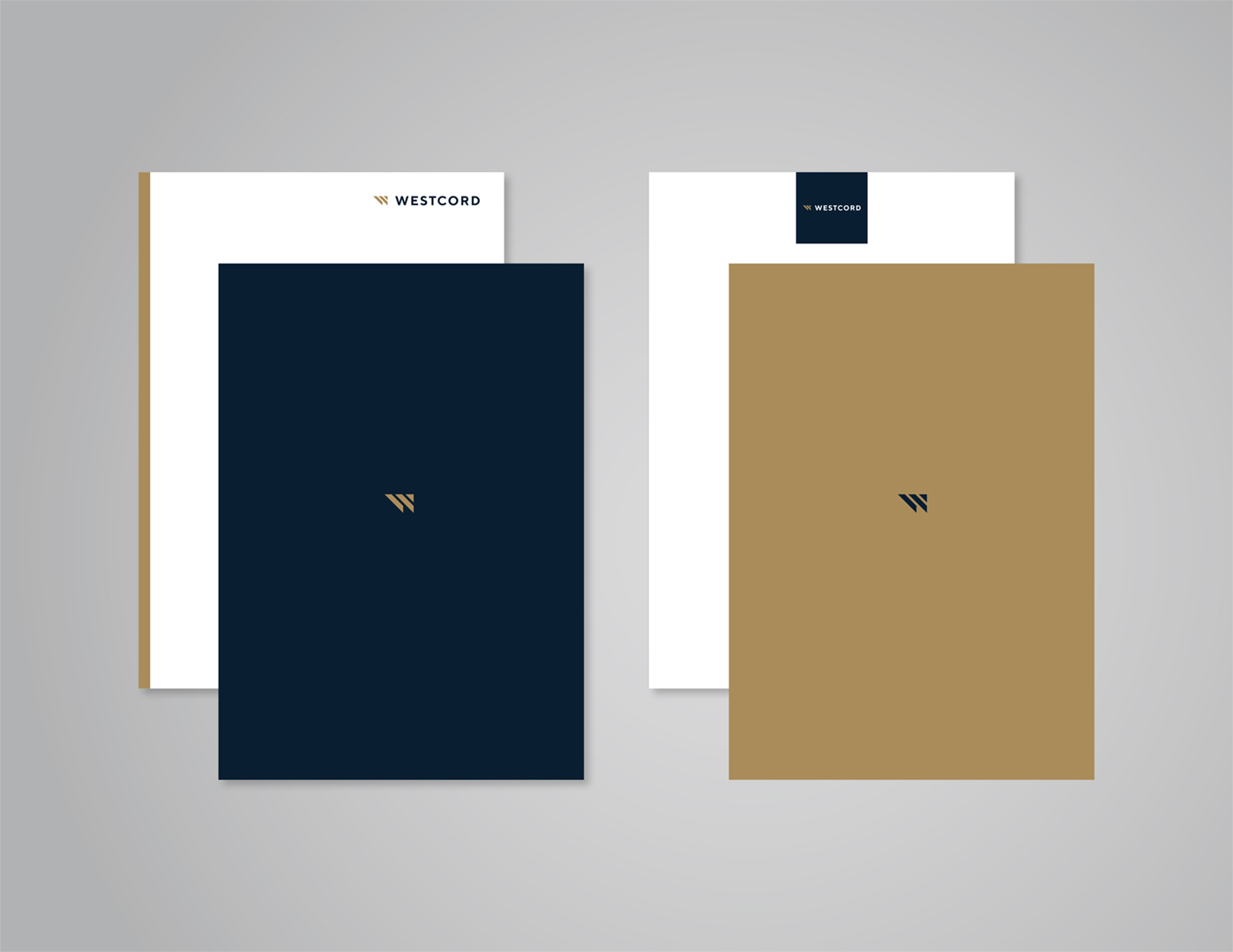 Westcord notecard stationery in navy and gold with the W mark centered, showing the brand's typography and color system.