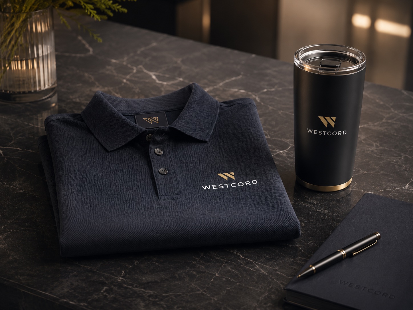 Westcord branded merchandise including a folded navy polo shirt, tumbler and notebook with the gold W mark.