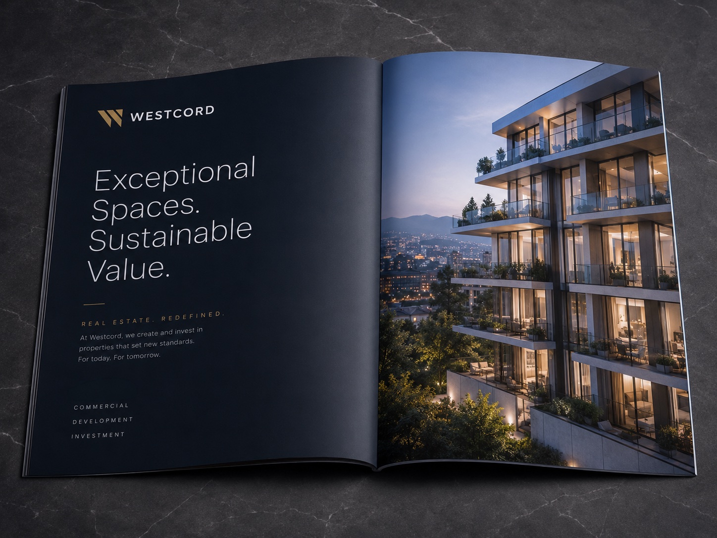 Westcord brochure spread with an 'Exceptional Spaces. Sustainable Value.' headline beside a dusk photograph of a residential tower.