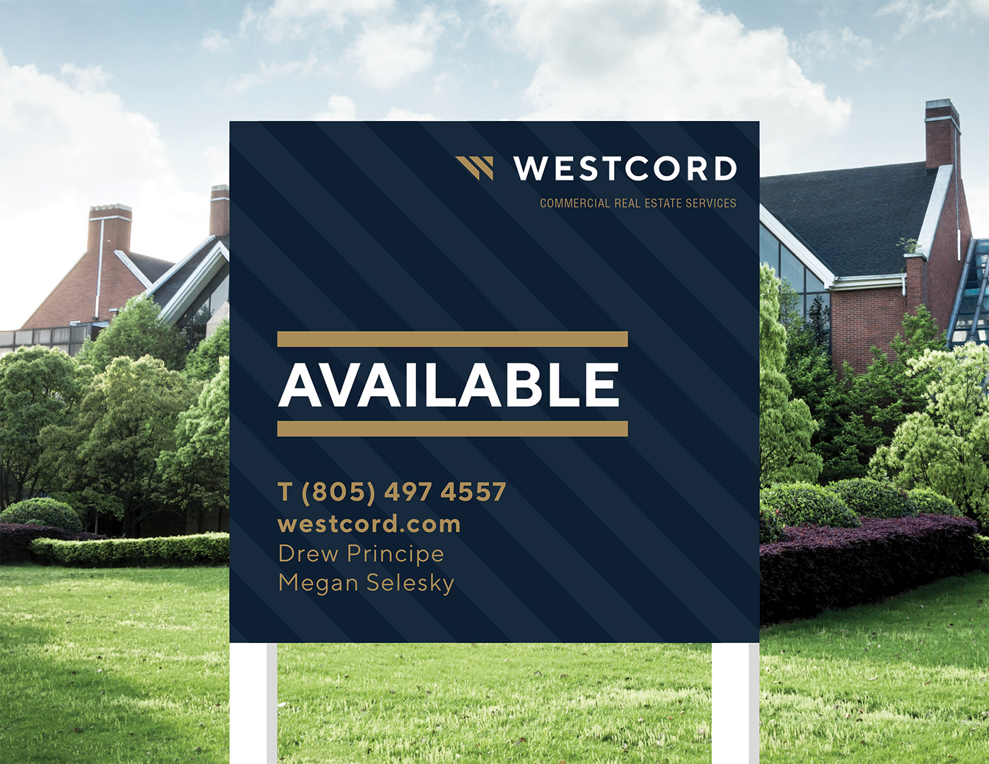 Westcord 'Available' yard sign for commercial real estate services in front of a building.