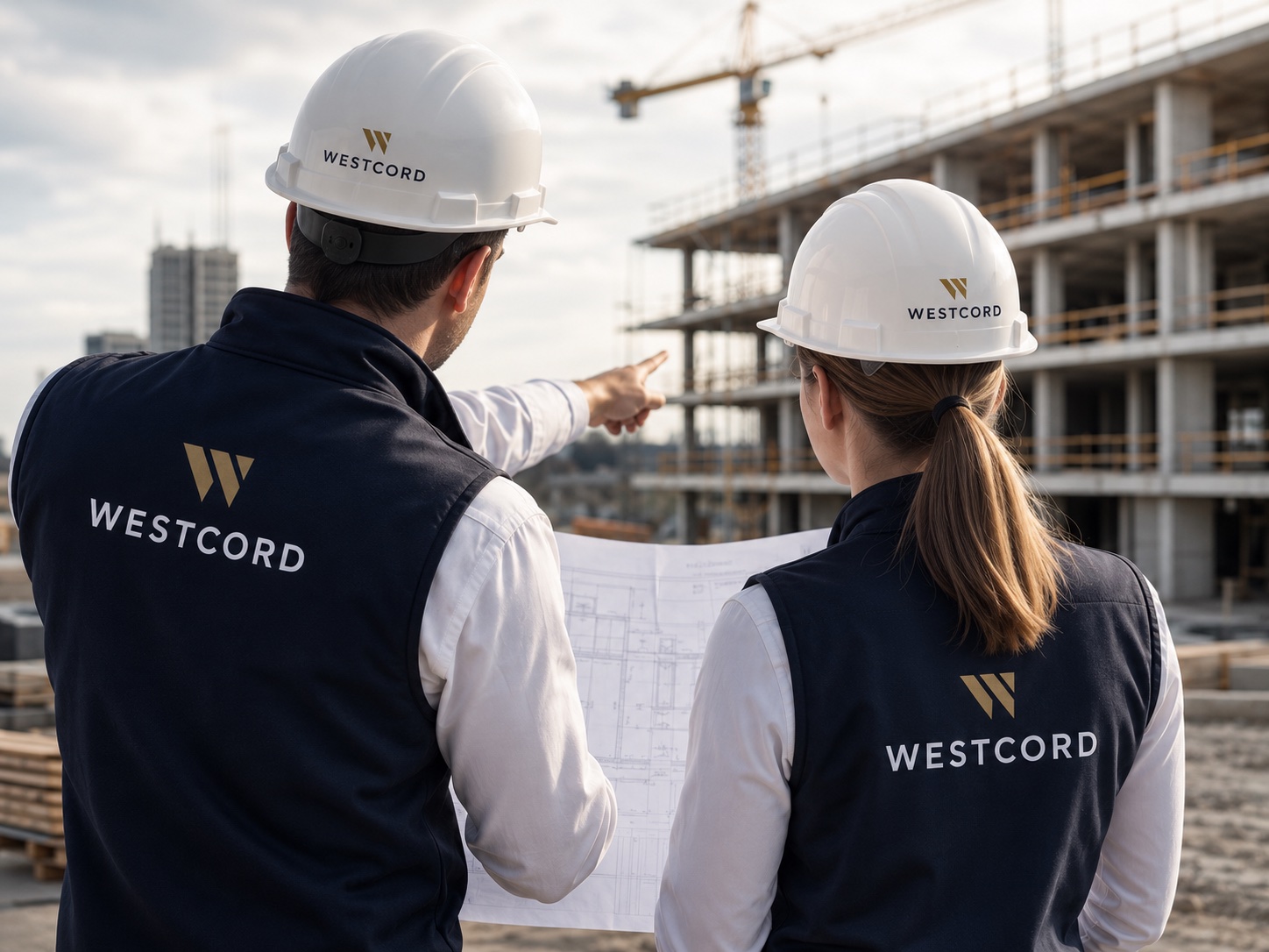 Two Westcord team members in branded hard hats and vests reviewing blueprints at a construction site.