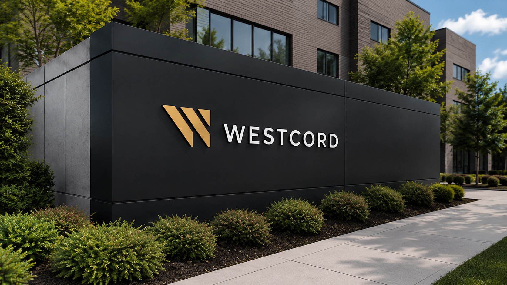 Westcord exterior building signage with gold W mark and white wordmark mounted on a dark stone monument wall.