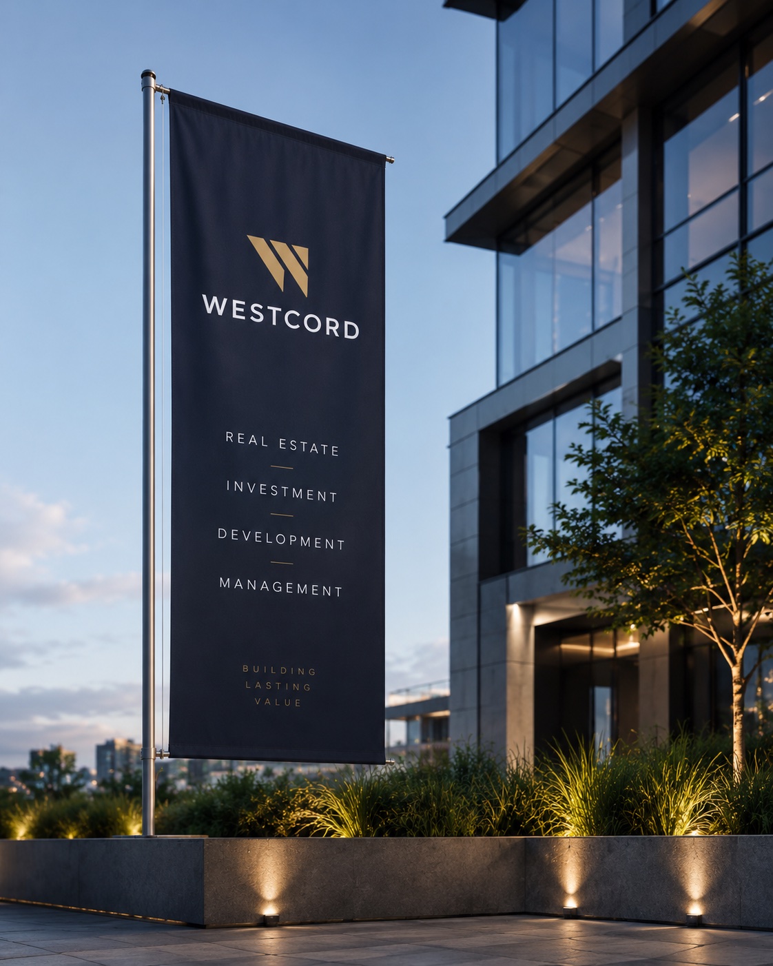 Westcord outdoor flag banner listing Real Estate, Investment, Development and Management beside a glass office building.