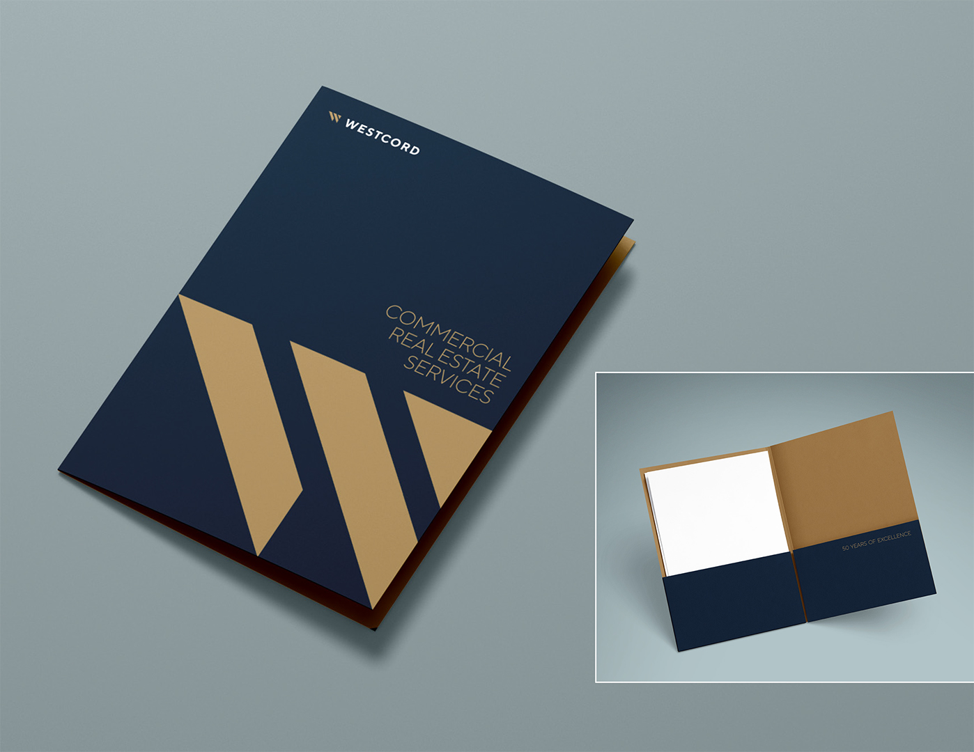 Westcord commercial real estate services presentation folder in navy and gold with a geometric W pattern.