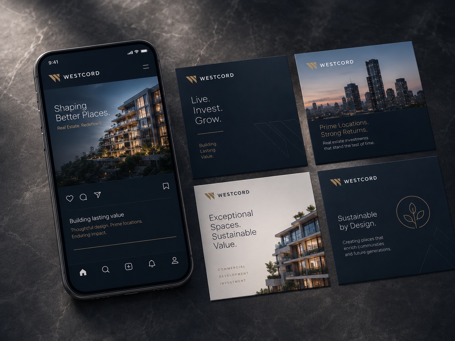 Westcord social media campaign mockup shown across an Instagram post and story templates with brand messaging.