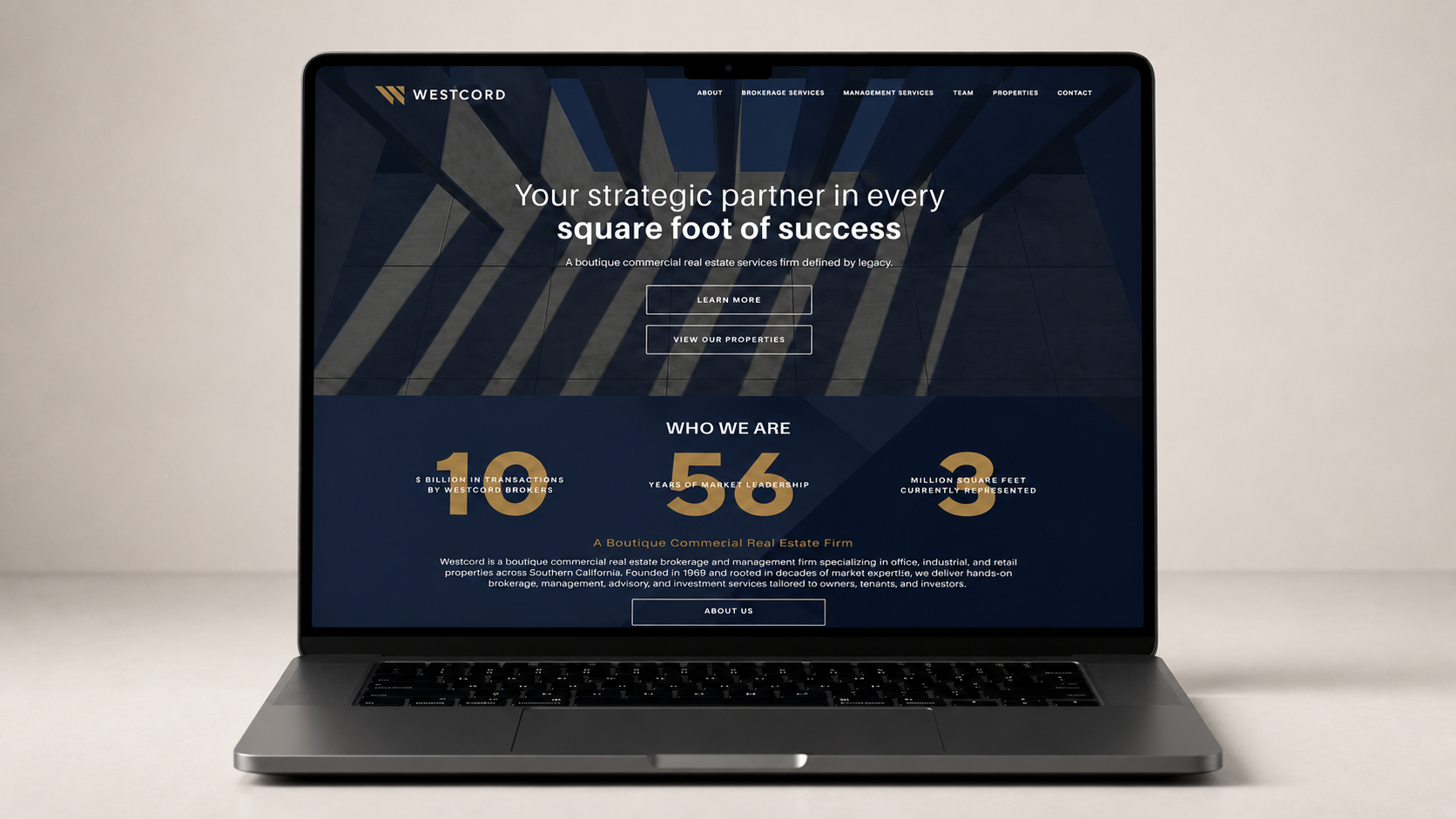 Westcord website homepage on a laptop screen with the tagline 'Your strategic partner in every square foot of success.'