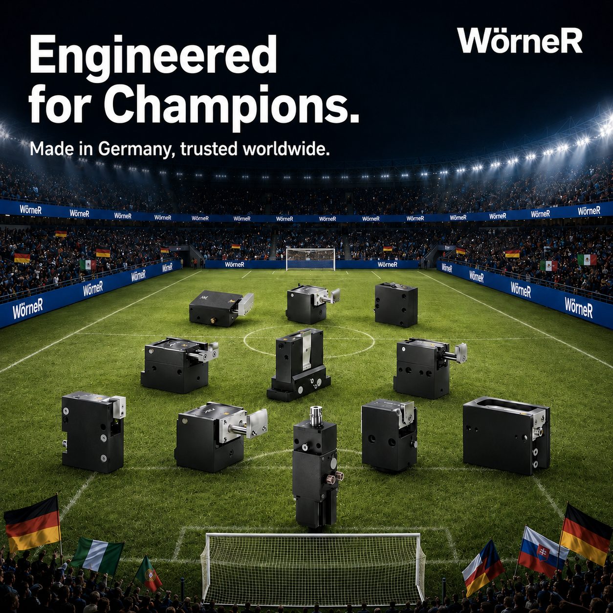 Woerner campaign visual titled 'Engineered for Champions — Made in Germany, trusted worldwide', showing a ring of black stopper units arranged on a floodlit football pitch with national flags around the stands.