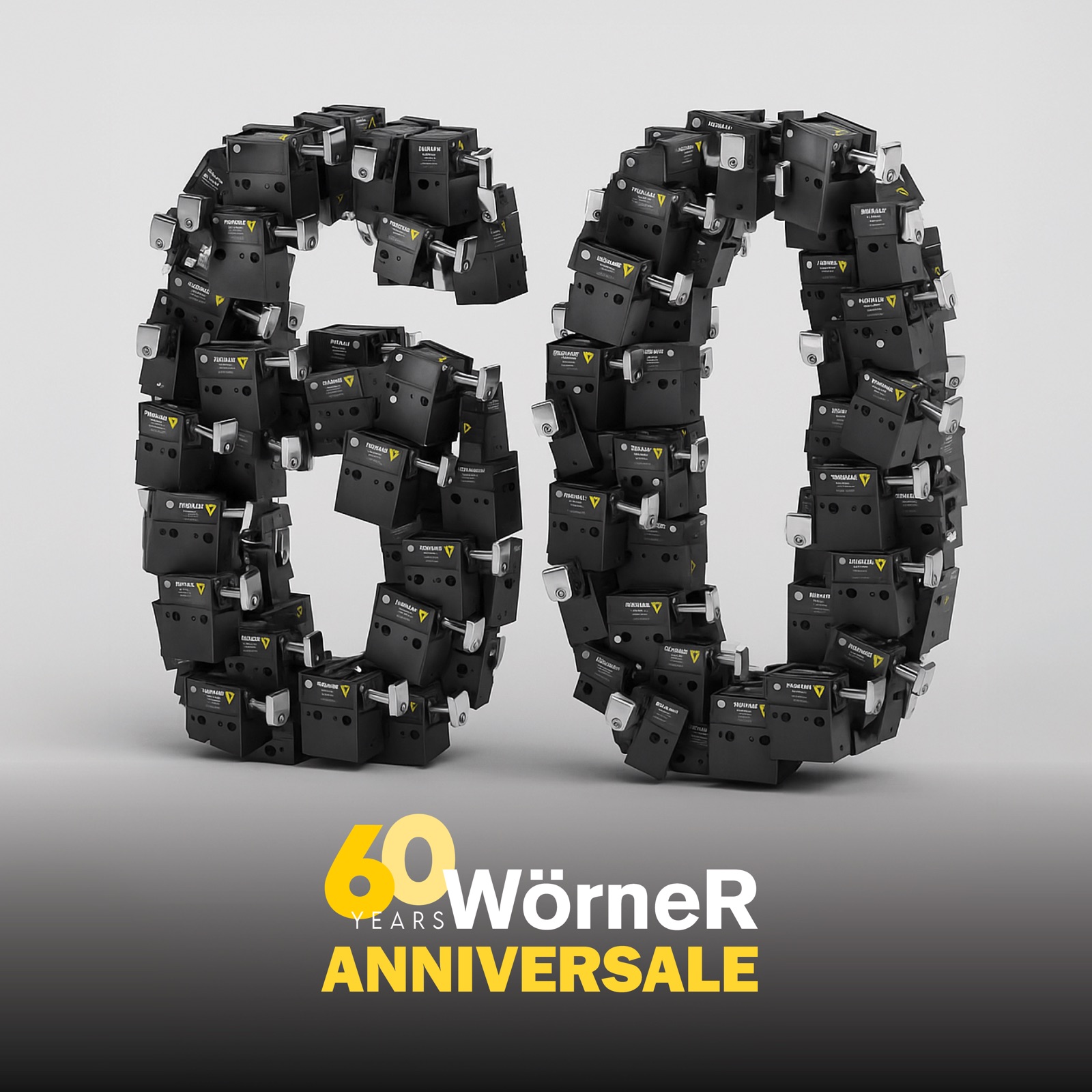 Woerner 60th anniversary key visual formed from stacked product renders