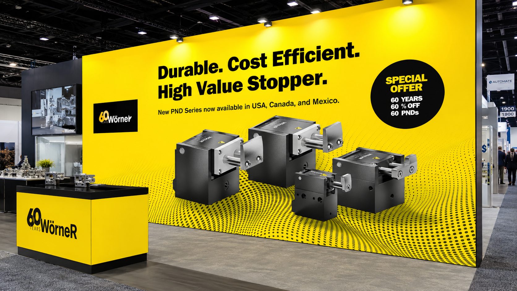 Woerner booth at Automate in Chicago, in signal yellow and black