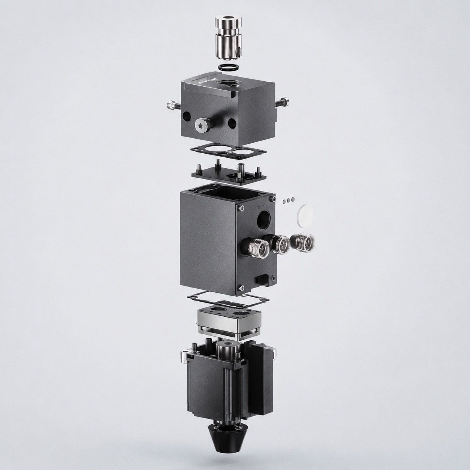 Exploded product render of a Woerner PND Series pneumatic stopper module, showing internal components
