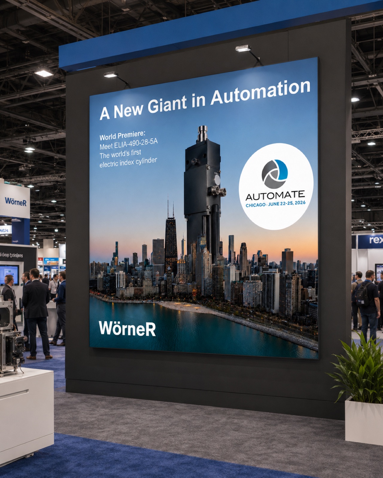 Large trade show wall display at Automate Chicago announcing Woerner's new electric index cylinder, with the Chicago skyline behind a giant product render