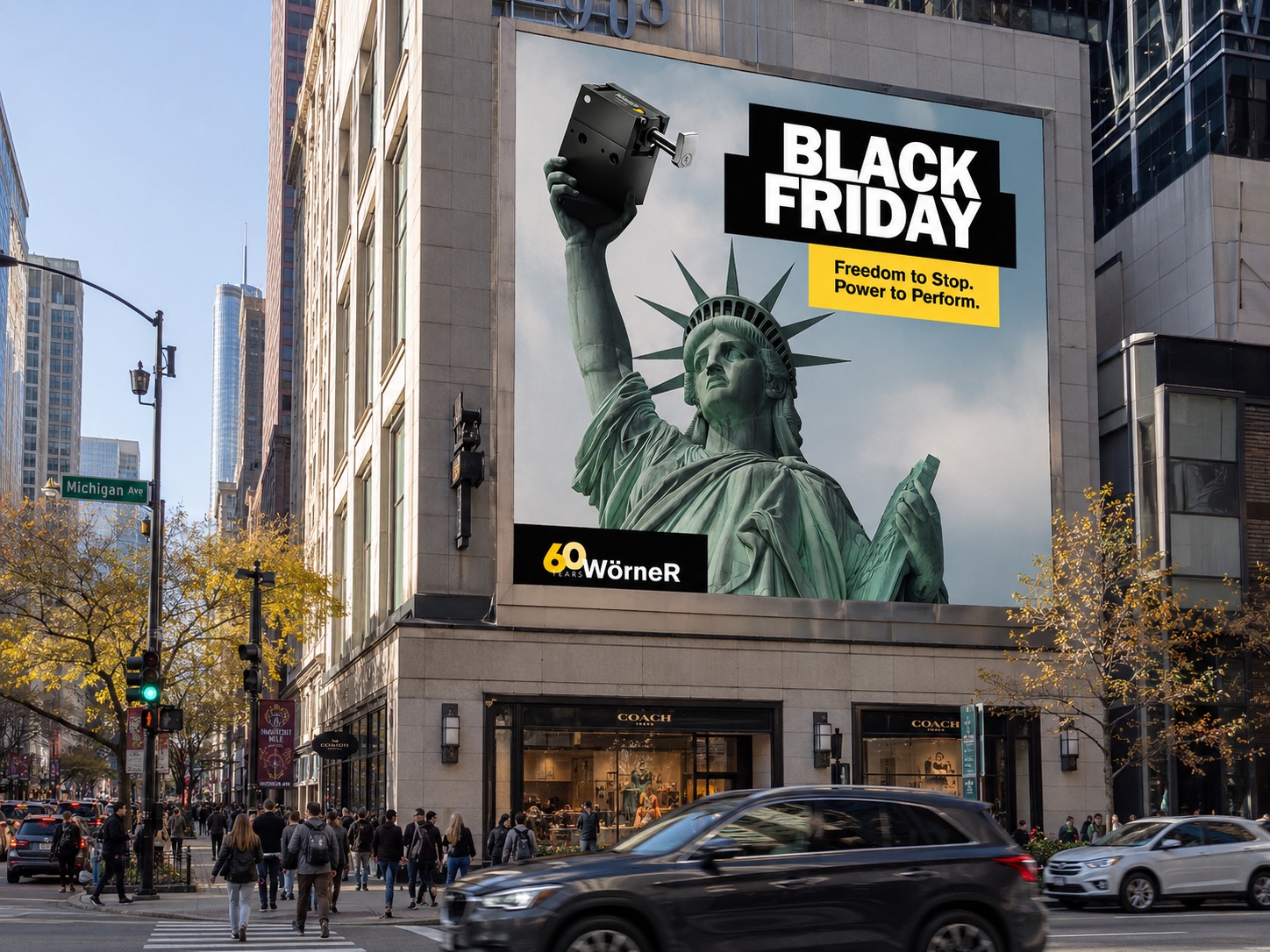 Woerner Black Friday billboard ad: the Statue of Liberty holds up a black stopper unit in place of her torch, with the headline 'Black Friday — Freedom to Stop. Power to Perform.'
